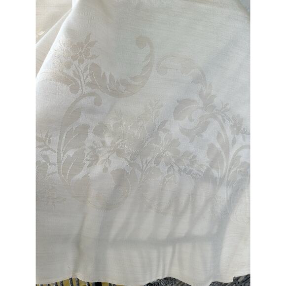 Vtg Beige Linen Double Damask Tablecloth Napkins Floral Garlands Acanthus Leave - Picture 12 of 16